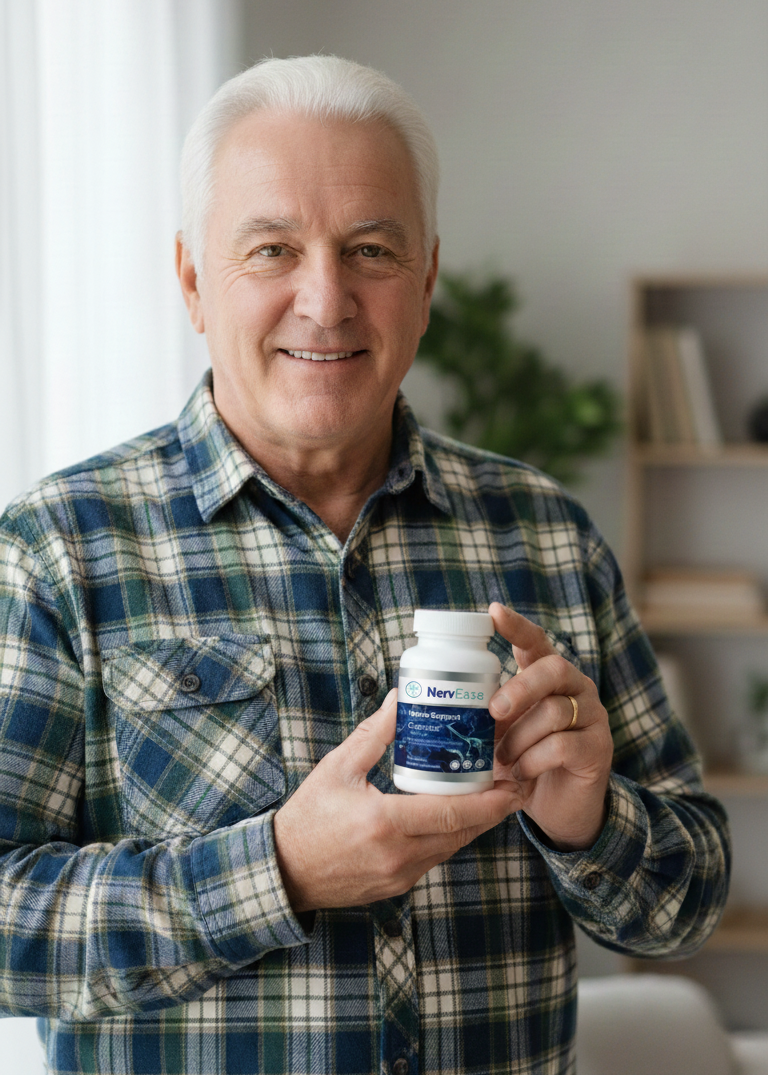 Charles M. holding NervEase bottle