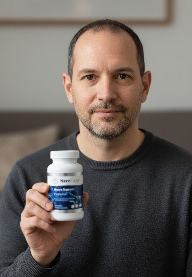 Marcus T. holding NervEase bottle